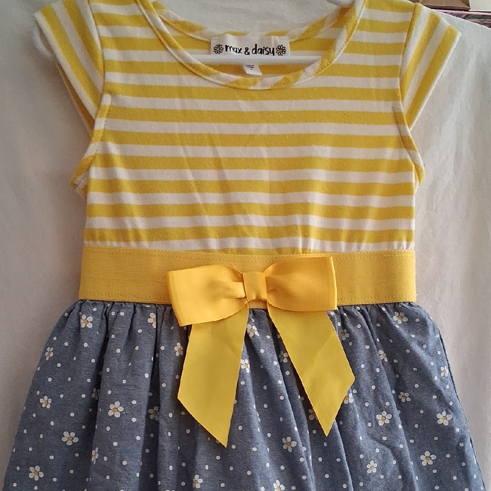 Cute Max & Daisy Yellow Stripe and Gray Daisy Bow Kids Dress.